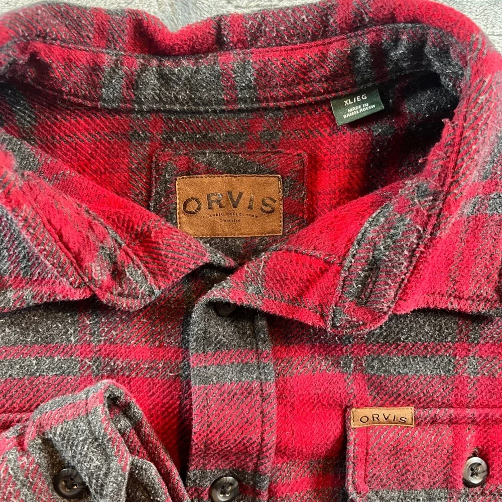 ORVIS Mens Red Plaid Flannel Shirt Jacket Button Up Long Sleeve Size XL